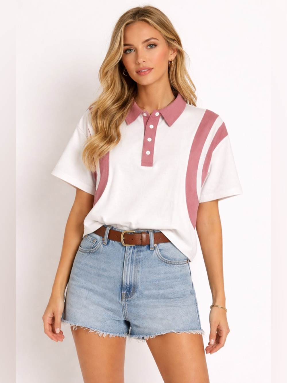 Blue Velvet Pink & White Colorblock Polo Top NWT Medium Oversized Retro Chic